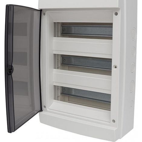 centralino da parete 36 moduli con portello fumé, grigio RAL 7035, 400x400x140 mm, IP65, ideale per installazioni elettriche interne ed esterne