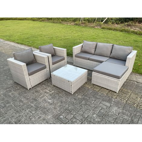 Fimous Polyrattan Gartenmöbel im Freien mit Sofa 2 Sessel Quadrat Couchtisch Hocker Helles Grau