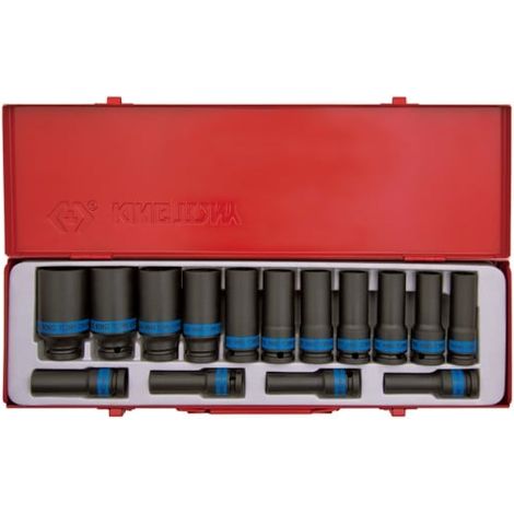 Coffret de douilles longues à chocs 1/2' 15 pièces – 6 pans – Dimensions 10-32mm – Performance professionnelle – Coffret métallique durable – King Tony - 22-24-27-30-32mm