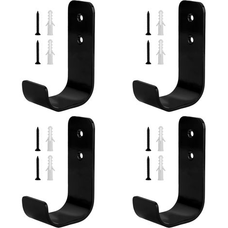 Lot de 4 Crochet Mural, Design En J, Acier Noir, Pour Garage Et Rangement Outils