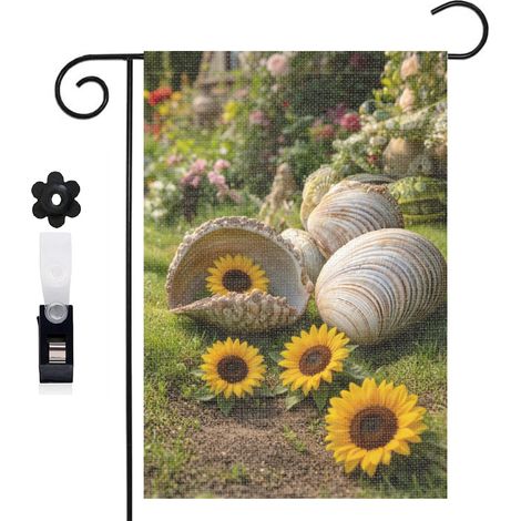 Drapeau de jardin bienvenue 30 x 45 cm motif coquillages marins et décor plage toile double face (1/5)