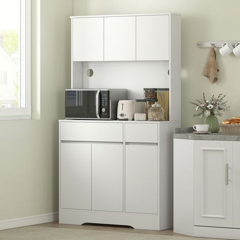 Meuble de cuisine avec plan de travail ouvert, 6 portes, 2 tiroirs, étagères réglables, passe-câbles, panneaux de particules, blanc (1/5)