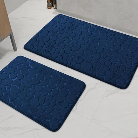 ALLIANDISchakme Cobblestone Lot de 3 tapis de salle de bain en mousse à mémoire de forme épais et antidérapants pour baignoire, WC et sol Bleu foncé