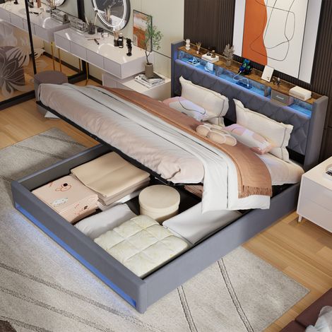 Lit coffre 180x200 cm - cadre de lit avec tête de lit, 2 prises électriques et 2 ports USB, LED - en velours - gris foncé - sans matelas (1/5)