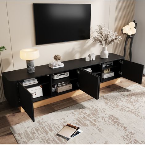 Meuble TV 200 cm noir en MDF, 4 portes avec rangements réglables, bords arrondis et passe-câbles (1/5)