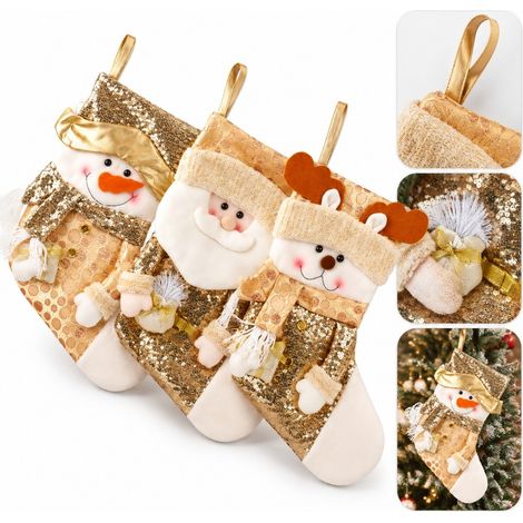 3 Pcs Chaussettes de Noel Tricotees Dorees Pere Noel Bonhomme de Neige et Renne Tissu Polyester 30 x 50 cm Deco Sapin Cheminee (1/5)