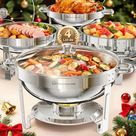 Lot de 4 Chafing Dish 5 L, Ronds Réchaud à Buffet avec Couvercle en Verre, Buffets Chauffants en Acier Inoxydable Idéal pour Fêtes, Événements, Mariages, Dîners, Noël et Camping (1/5)