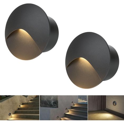Applique murale 4 LED Blanc chaud 3000K Aluminium Lumière d'escalier 230V Rond Spot encastré 3W IP44 Etanche Intérieur Extérieur Noir Lumière de marche, avec boîte d'encastrement
