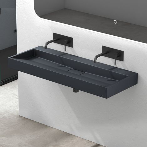 Mai & Mai Lavabo Salle de Bains Vasque à Poser Rectangulaire Lavabo Suspendu Gris Noir Mat 120x46x11cm Col19-1200