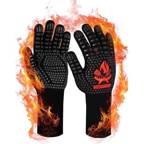 Gants de Barbecue, Gants Anti Chaleur Jusqu'à 800°C, Antidérapants Silicone Ignifuge Gant Cuisine avec Protection de l'avant-Bras, pour BBQ, Gril, Cuisson au Four, Cheminée (L/XL/XXL, Noir) (1/5)
