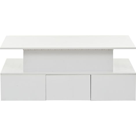Höhenverstellbarer Couchtisch 100x50x40 cm mit LED, 4 Schubladen und Geheimfach, Weiß MDF (1/5)