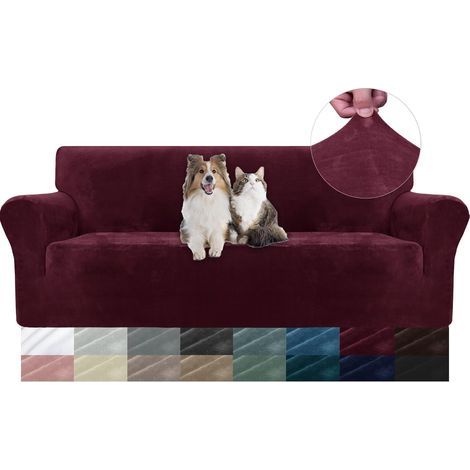 Stretch Velvet Sofa Cover for 3 Seater, Non-Slip, Pet-Friendly, Living Room, Burgundy (1/5)