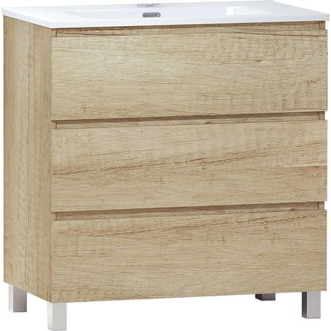 LESI 280034103 Bain avec Pieds, Miroir avec lumière LED, Trois tiroirs, Dimensions Meuble lavabo 80 x 76 x 46 cm, Couleur Nature, mélamine 16 mm, 80 x 55 x 46 cm (1/5)