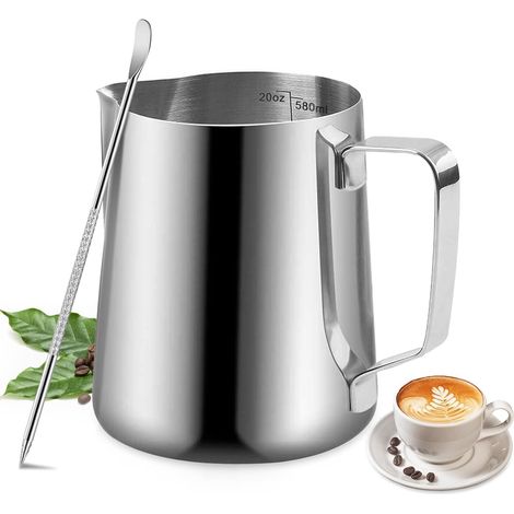 1 Pichet à lait 600 ml, Acier inoxydable 304, Bec en V précis, Avec stylo décoratif, Pour latte art barista (1/5)
