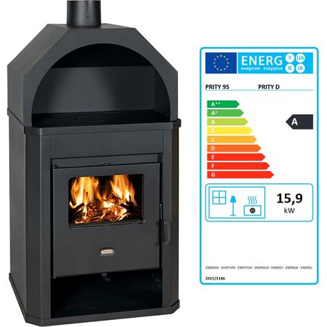 Prity – Poêle à bois 15 kW – Rendement 73,63 % – Raccord Ø 150 mm – Grand compartiment de combustion – Pour bois et briquettes (1/4)