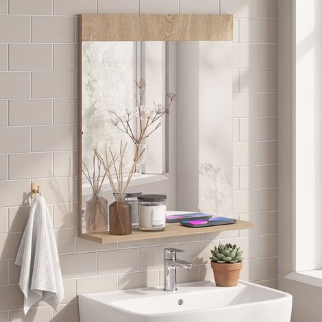 Miroir de salle de bain mural avec étagère ouverte, miroir d'entrée, 50 x 12 x 60 cm, chêne (1/5)