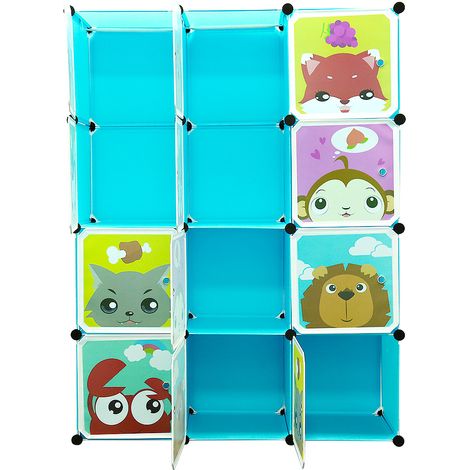 Scaffale Componibile da Cameretta, 2 Aste Appendiabiti Animali, 11137147cm Blu