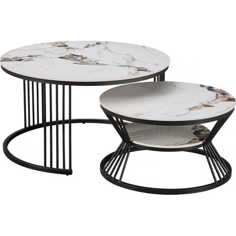 Set di 2 tavolini da caffè impilabili in ceramica "Ombre" - 70 x 70 x 45 cm - Bianco