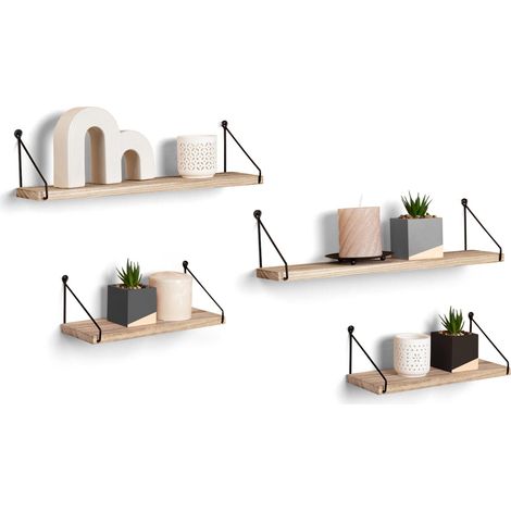 Idmarket – Lot de 4 étagères murales bois et métal noir – Design industriel – Longueur 43 cm et 33 cm – Fixation facile avec visserie incluse