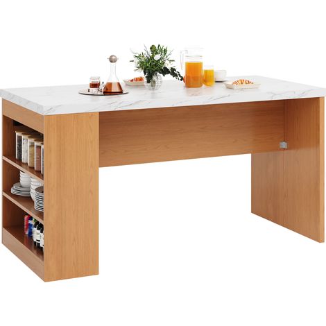 CHICFURN Îlot de cuisine avec LED et prises 155x80x90 cm, table haute bar de cuisine en MDF blanc et bois clair, 3 étagères ouvertes, plan 40 mm (1/5)