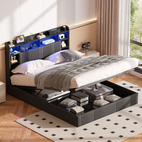 Lit Coffre 160x200 cm avec Éclairage LED et Port USB, Lit Hydraulique avec Étagères Ouvertes et Rangement, lit 2 Personnes avec Sommier en Bois et Lin, Gris (1/5)