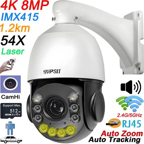 Caméra IP Dôme PTZ WIFI Max. 512 Go, Métal, Laser Infrarouge, Suivi Automatique Couleur, Zoom Optique 54X, Audio, 8MP 4K, CamHi (1/5)