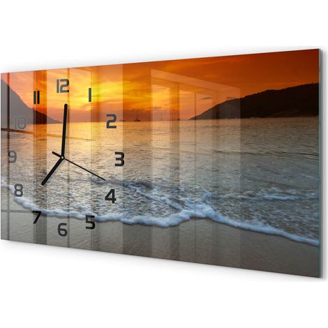Horloge Murale Panoramique Moderne 60x30 cm Verre Trempé Sans Tic-Tac Mer au coucher du soleil (1/5)