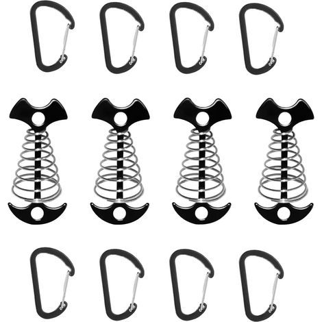 Lot de 4 ressorts de fixation pour voile d'ombrage avec crochets - Tendeur de voile d'ombrage avec 8 mousquetons - Plaque d'ancrage - Piquets de camping - Crochets à ressort multifonctions (1/5)