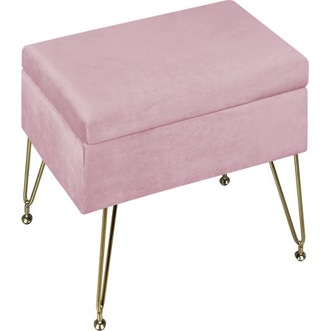 Pouf Contenitore Poggiapiedi Velluto Con Struttura Circolare Cromata Oro Elegante Imbottito Sgabello Per Toeletta Mobile Trucco Ottomano Ingresso Camera Da Letto Soggiorno Salotto Rotondo Rosa