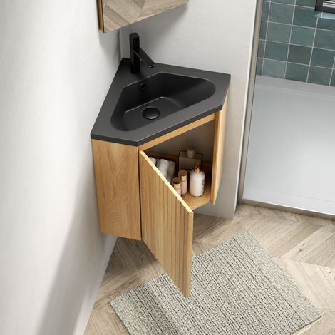 Lavabo mural 38cm avec vasque intégrée résine noire mate, meuble d'angle triangulaire en contreplaqué à rayures, une porte, pré-assemblé, veinage bois naturel