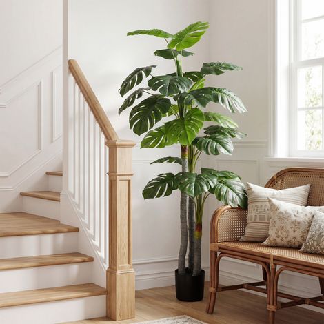Albero/pianta di Monstera artificiale, alto 1,5 m, con tronco, rami, licheni e foglie a forma di tartaruga, estremamente realistico, vaso incluso. (1/5)