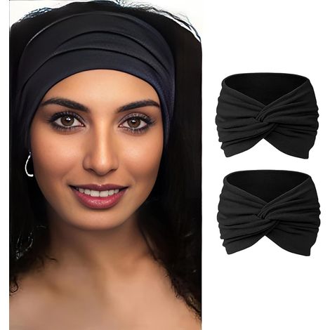 Fascia per capelli incrociata senza cuciture in due pezzi, in morbida fibra, comoda fascia elastica da donna, per yoga, sport, stile vintage boho (nera)