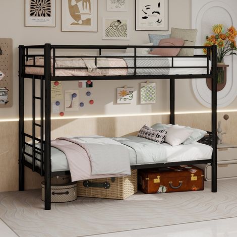 Lit superposé métal noir 90x190 cm, 2 couchages, séparable en 2 lits simples, échelle antidérapante, barrières de sécurité, cadre robuste (1/5)