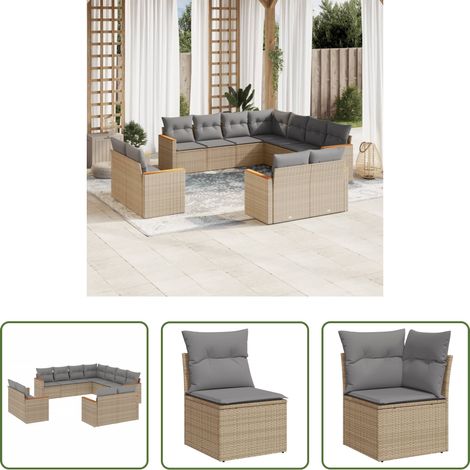 vidaXL Rattanmöbel - 11-tlg. Garten-Sofagarnitur mit Kissen Beige Poly Rattan (1/5)