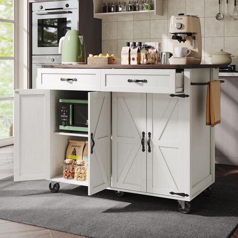 Kücheninsel mit ausziehbarem Servierwagen,Küchentrolley und Schrank mit Holzmaserung,vier Türen und zwei Schubladen für optimale Funktionalität (1/5)