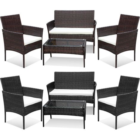 SWANEW Set di mobili da giardino in resina intrecciata nera - 4 posti - Divano + Poltrona + Tavolo + Cuscini di seduta (1/5)