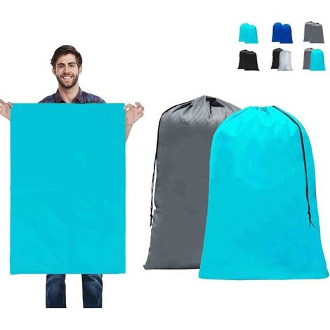 2 grands sacs à linge - 90 x 60 cm - Sacs à linge de voyage pliables - avec cordon de serrage - Gris et bleu (1/5)