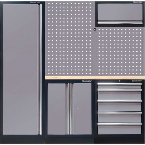 Demi mobilier d'atelier gris – 2 panneaux perforés – 1 plateau en bois 35mm – 1 meuble bas avec 2 portes et 5 tiroirs – King Tony (1/5)