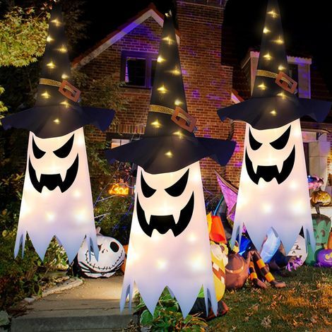 Décoration d'Halloween en plein air, 3 pièces de fantômes suspendus avec chaînes, 80 cm, décoration de fête d'Halloween pour cour avant, pelouse, jardin, fête (1/5)