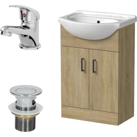 560mm Oak Bathroom Vanity Unit Basin Freestanding Essentials Tap & Waste Set (1/5)
