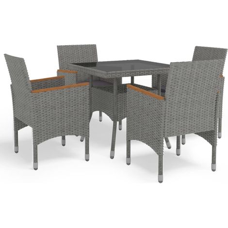 5-tlg. Garten-Essgruppe Grau Poly Rattan und Akazienholz (1/5)