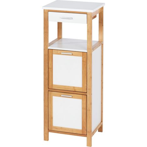 WENKO Mobile colonna scaffale Finja, colonna bagno con 2 cassetti portaoggetti, Legno di Bambù - MDF, 34x89x30 cm, Marrone - Bianco (1/5)
