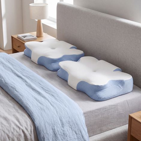 Oreiller Mémoire de Forme, Ergonomique, Toucher Frais, Ajustable en Hauteur, pour Dormeur Côté/Dos/Ventre, Blanc et Bleu (1/5)