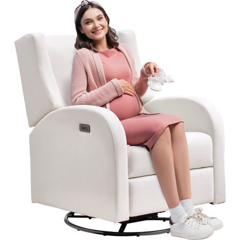 VEVOR Sillón Reclinable Electrónico y Deslizador Giratorio Ángulo Ajustable Blanco Roto Capacidad de Peso de 113,4KG Superficie de Poliester Mecedora Reclinable para Sala de Estar, Dormitorio