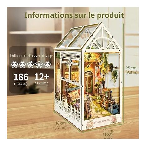 Book Nook Kit avec Lumière LED, Puzzle Bois Miniature Maison a Construire, Décoration Etagère à Livres avec Housse Anti-Poussière, Maison de Jardin (1/3)