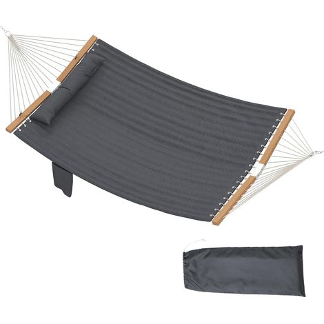 Hamac Suspendu 325 cm, hamac avec Oreiller Extra-Long, Tissu matelassé, Poche pour Magazines, Barres Anti-basculement en hêtre courbées en Forme de V, intérieur et extérieur, Gris (1/5)
