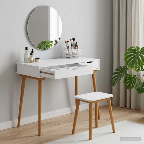 Coiffeuse avec 2 tiroirs en bois d’ingénierie et pin massif blanche 100 x 50 x 78 cm - PANGIVO (1/5)