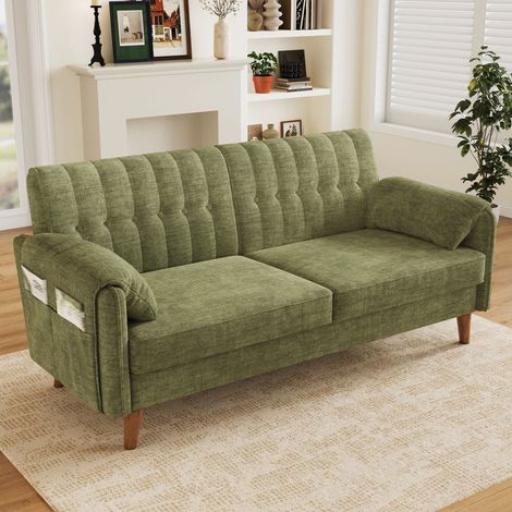 Sofá de dos plazas en chenilla con cojín de asiento grueso, respaldo capitoné, dos cojines para los reposabrazos y bolsillos laterales, patas de madera maciza, fácil montaje. (1/5)