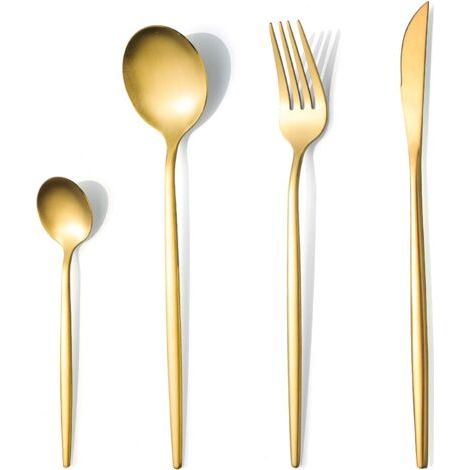 24-teiliges Besteckset in Mattgold für 6 Personen, modernes Geschirrset aus Edelstahl von SANLI mit Messer, Gabel und Löffel, spülmaschinenfest.