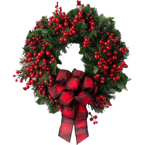 Künstlicher Weihnachtskranz mit Schleife und schwarzen und roten Beeren, wetterfest, für die Haustür (1/2)